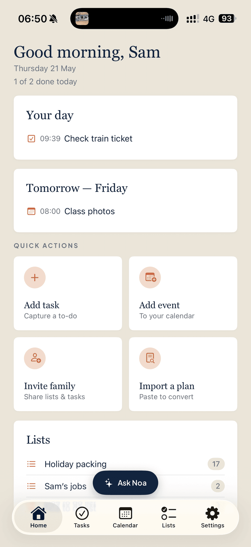 The Noa app home screen showing today's plan
