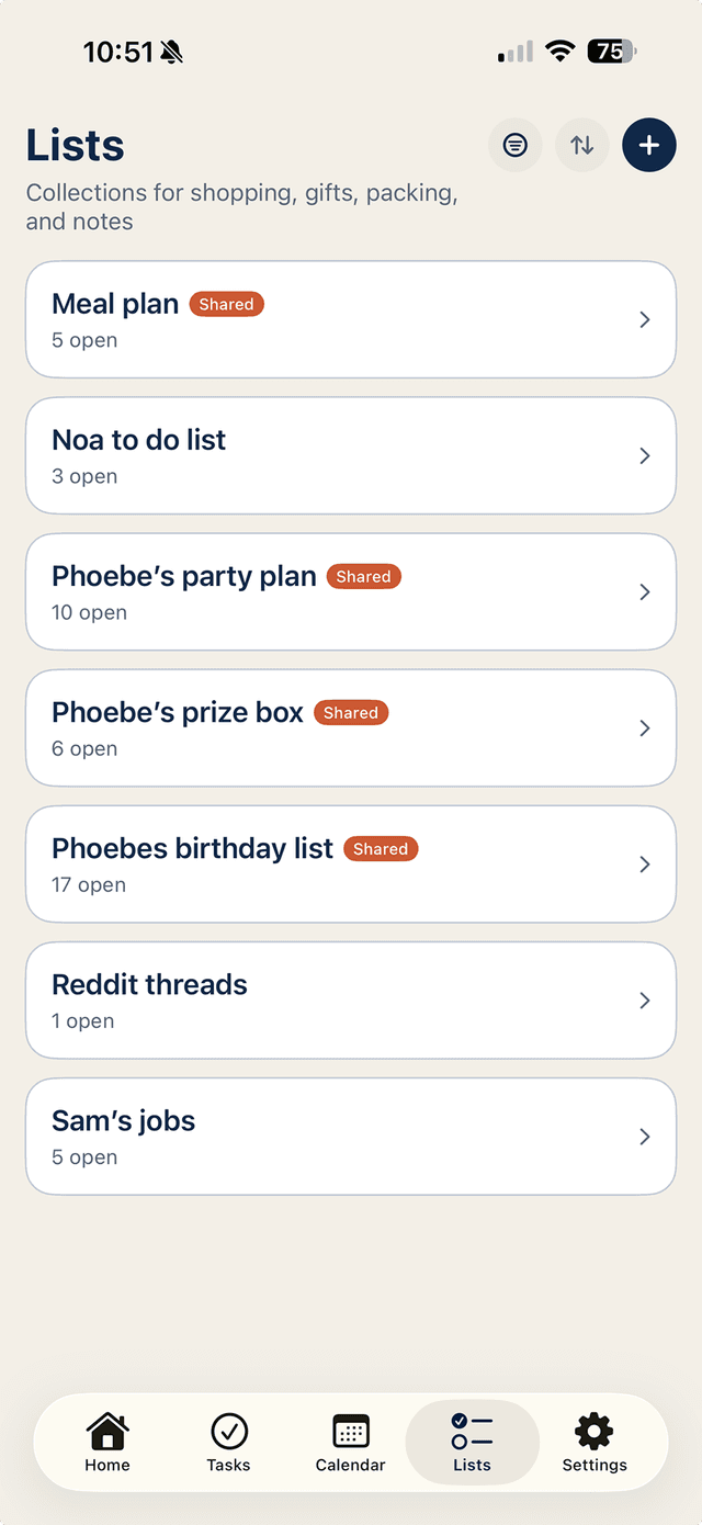 Shared Family Lists — Noa app screenshot